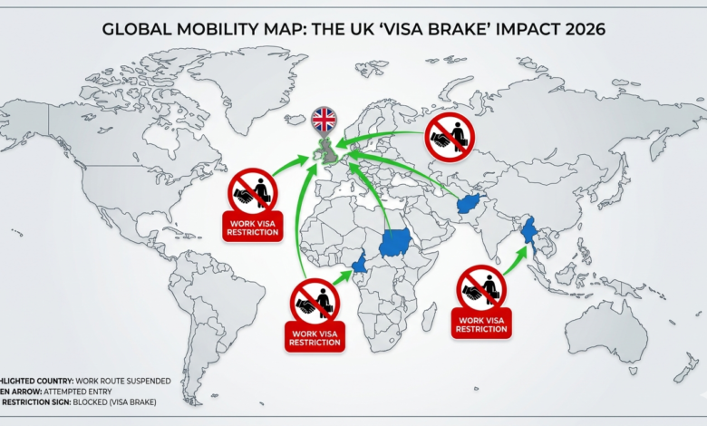 Global Mobility Map showing UK Visa Brake 2026 impact on Afghanistan, Cameroon, Myanmar, and Sudan.