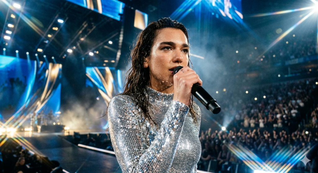 Dua Lipa performing live on Radical Optimism World Tour 2026 - High-resolution real face stage photo