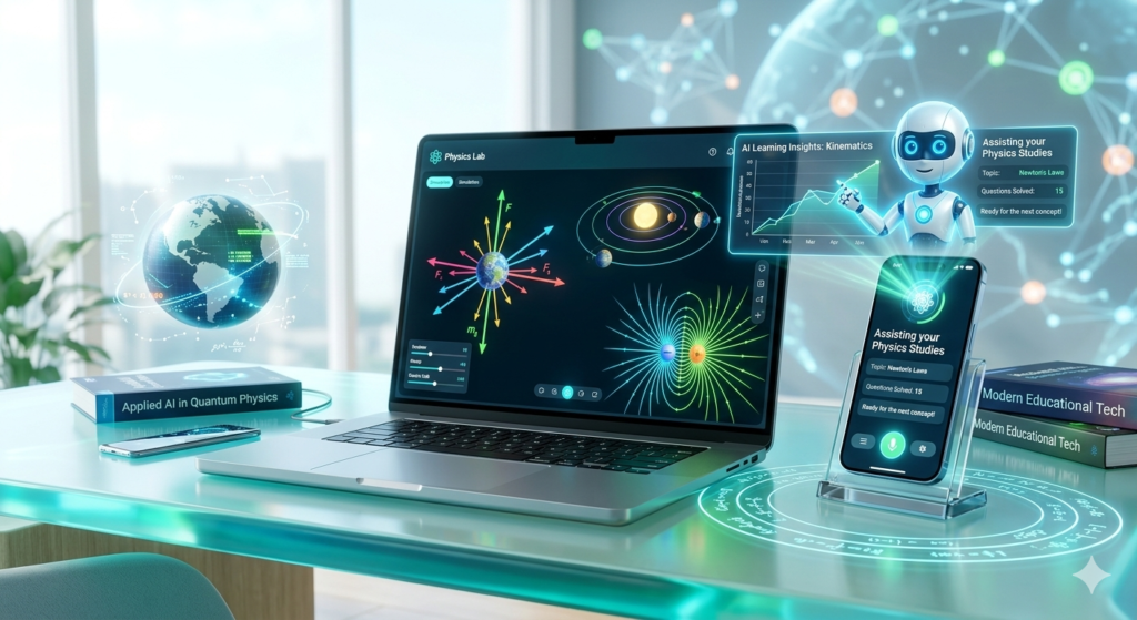 Futuristic AI workspace showing physics simulations on a laptop and a virtual assistant on a smartphone for educational learning