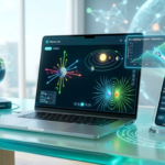 Futuristic AI workspace showing physics simulations on a laptop and a virtual assistant on a smartphone for educational learning