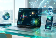Futuristic AI workspace showing physics simulations on a laptop and a virtual assistant on a smartphone for educational learning