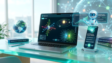 Futuristic AI workspace showing physics simulations on a laptop and a virtual assistant on a smartphone for educational learning