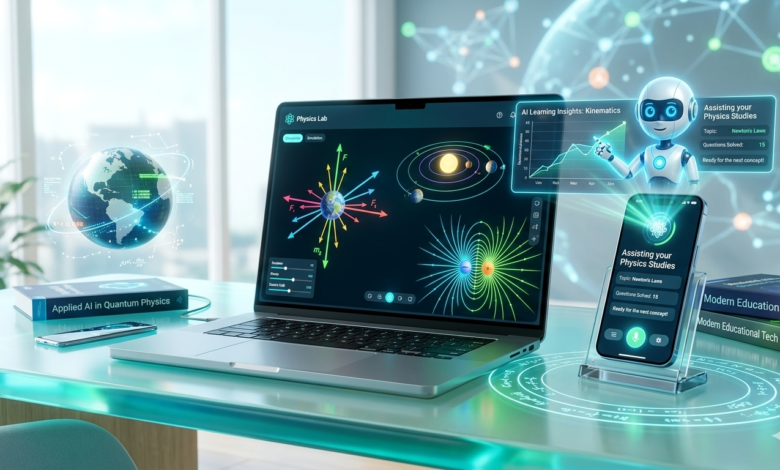 Futuristic AI workspace showing physics simulations on a laptop and a virtual assistant on a smartphone for educational learning