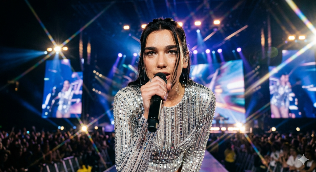 Dua Lipa performing live on Radical Optimism World Tour 2026 - High-resolution real face stage photo