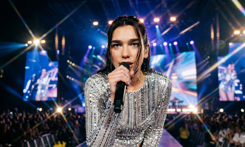 Dua Lipa performing live on Radical Optimism World Tour 2026 - High-resolution real face stage photo