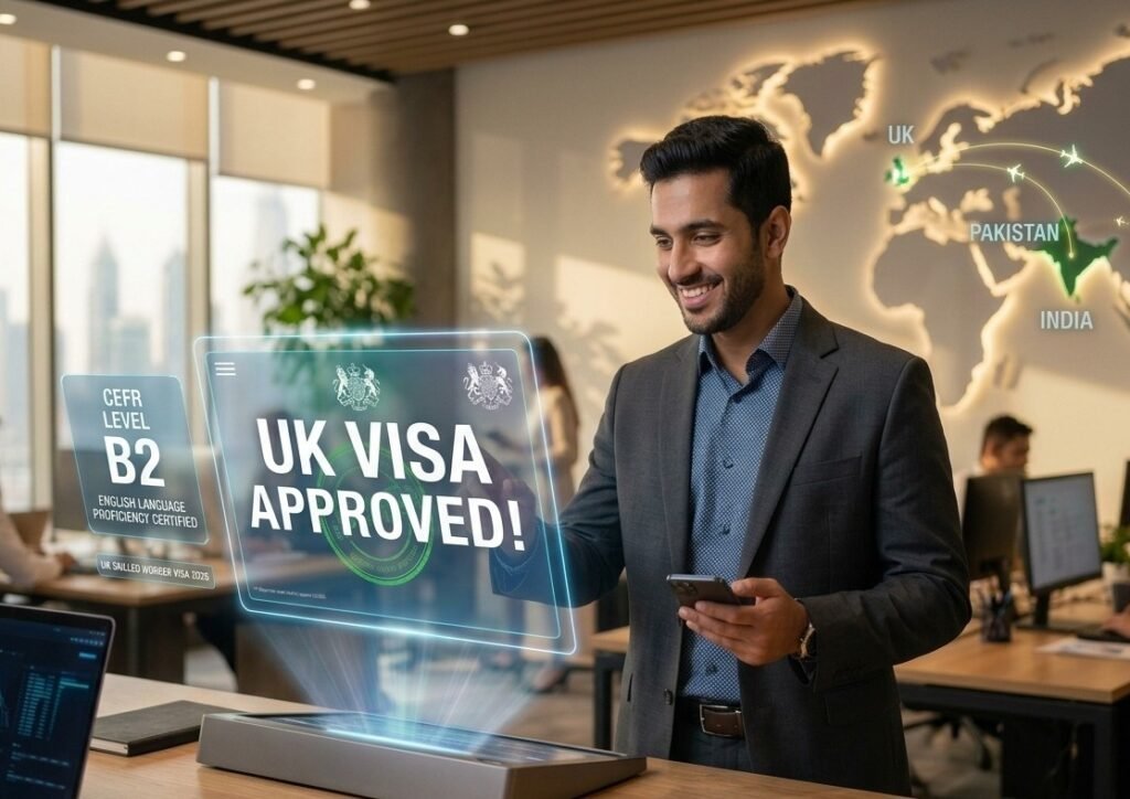Professional worker in a modern office viewing a B2 English certificate and UK Visa approval notification with a global map highlighting India, Pakistan, and Philippines.