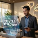 Professional worker in a modern office viewing a B2 English certificate and UK Visa approval notification with a global map highlighting India, Pakistan, and Philippines.