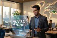 Professional worker in a modern office viewing a B2 English certificate and UK Visa approval notification with a global map highlighting India, Pakistan, and Philippines.