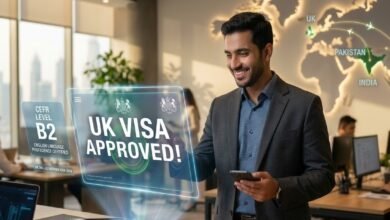 Professional worker in a modern office viewing a B2 English certificate and UK Visa approval notification with a global map highlighting India, Pakistan, and Philippines.