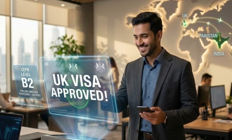 Professional worker in a modern office viewing a B2 English certificate and UK Visa approval notification with a global map highlighting India, Pakistan, and Philippines.