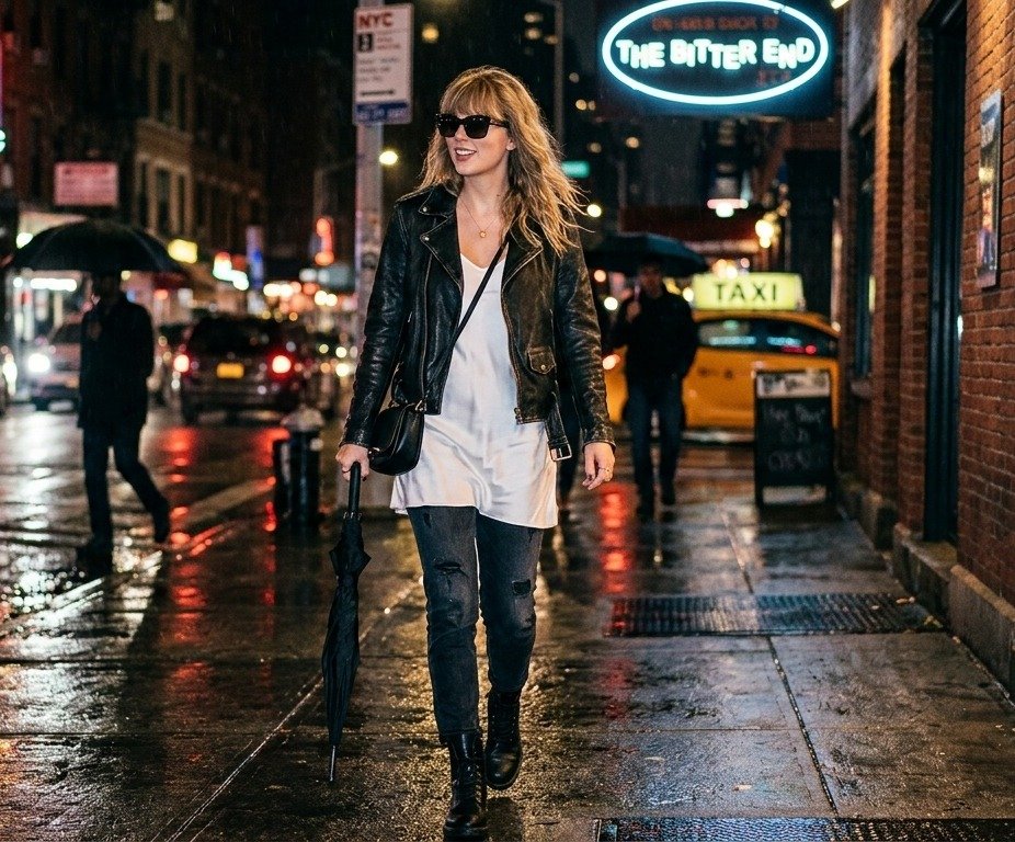Taylor Swift walking on a rainy New York City street at night."