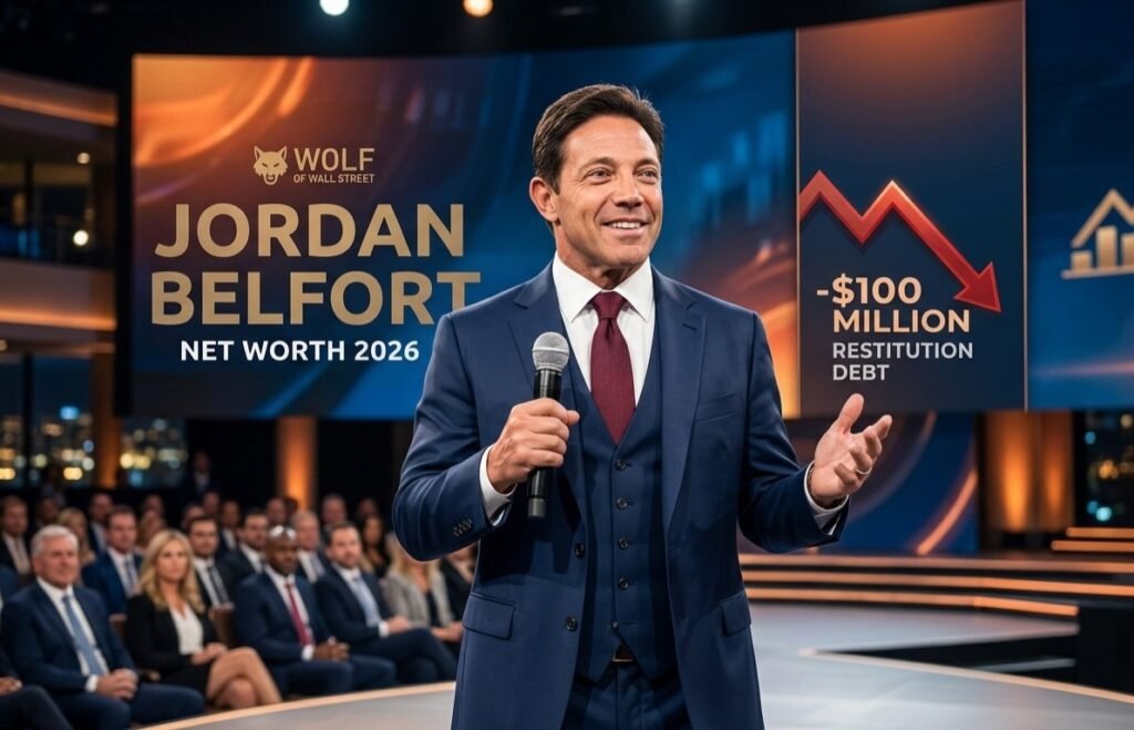 ordan Belfort net worth 2026 - A professional AI-generated image of the Wolf of Wall Street on stage, highlighting his restitution debt and financial status.