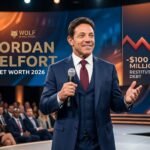 ordan Belfort net worth 2026 - A professional AI-generated image of the Wolf of Wall Street on stage, highlighting his restitution debt and financial status.