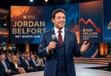 ordan Belfort net worth 2026 - A professional AI-generated image of the Wolf of Wall Street on stage, highlighting his restitution debt and financial status.