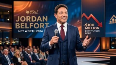 ordan Belfort net worth 2026 - A professional AI-generated image of the Wolf of Wall Street on stage, highlighting his restitution debt and financial status.
