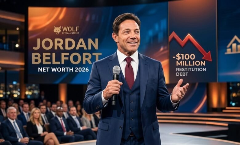 ordan Belfort net worth 2026 - A professional AI-generated image of the Wolf of Wall Street on stage, highlighting his restitution debt and financial status.