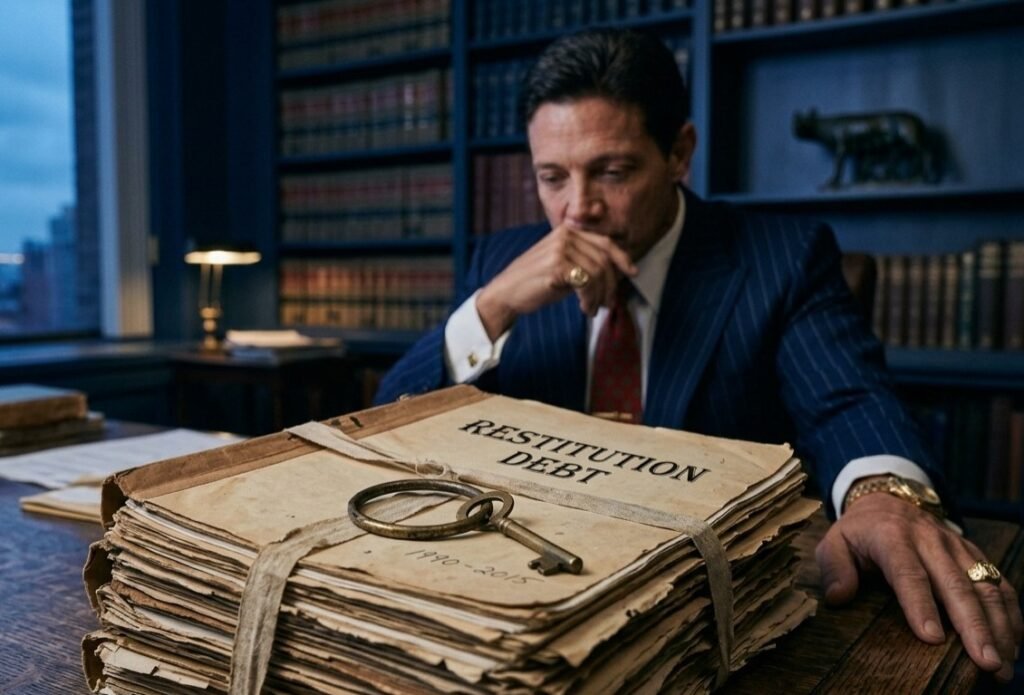 Pensive Jordan Belfort looking at "Restitution Debt" legal documents.