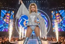 Sabrina Carpenter performing as a headliner at Coachella 2026, showcasing her status as a global pop icon."