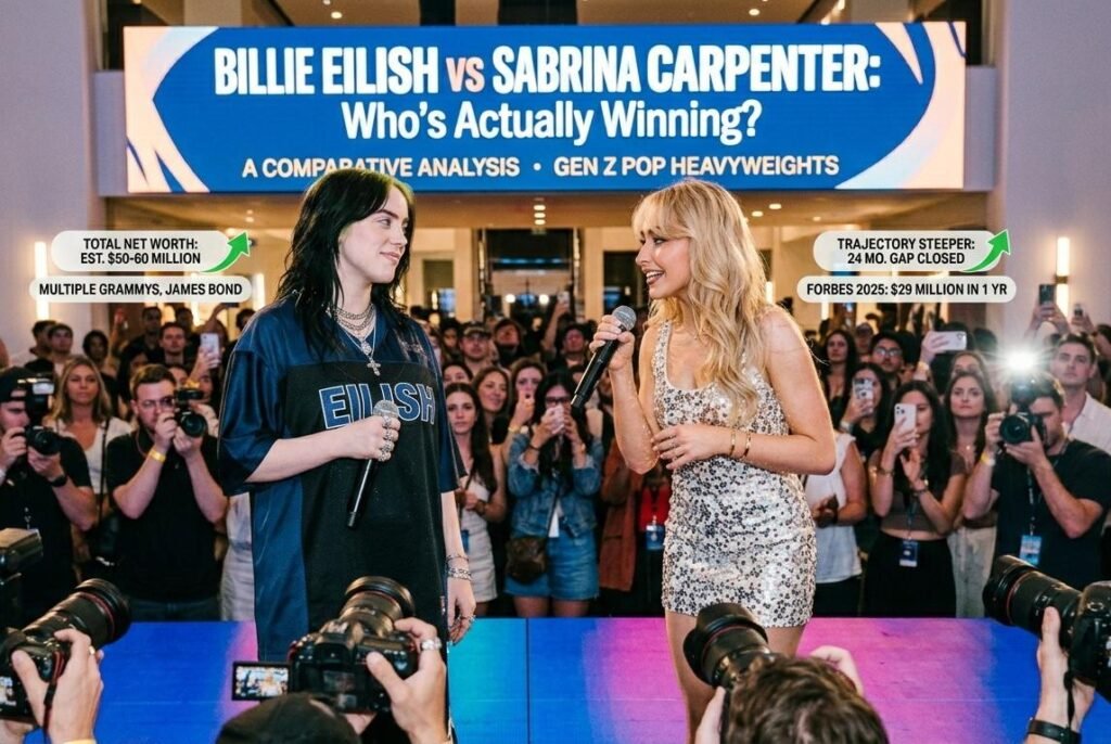 **"Billie Eilish and Sabrina Carpenter on stage with a 'Who's Actually Winning?' chart and net worth stats in the background."**
