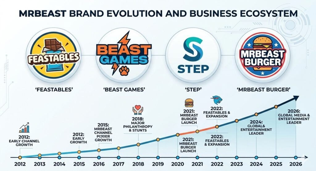 alt="MrBeast business empire 2026  Feastables, Beast Games, Beast Industries and Step fintech"
