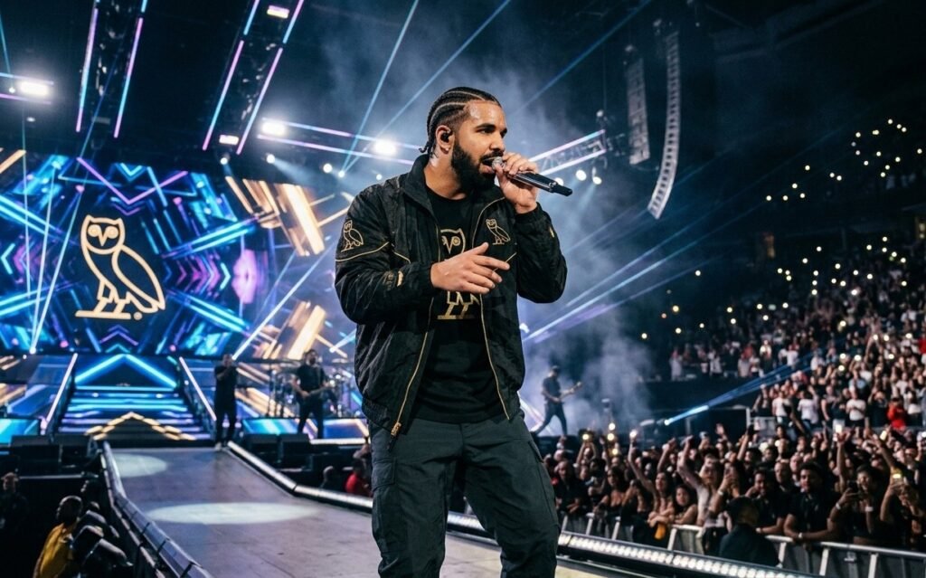 Drake performing live on stage during a concert in 2026.