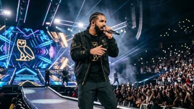 Drake performing live on stage during a concert in 2026.