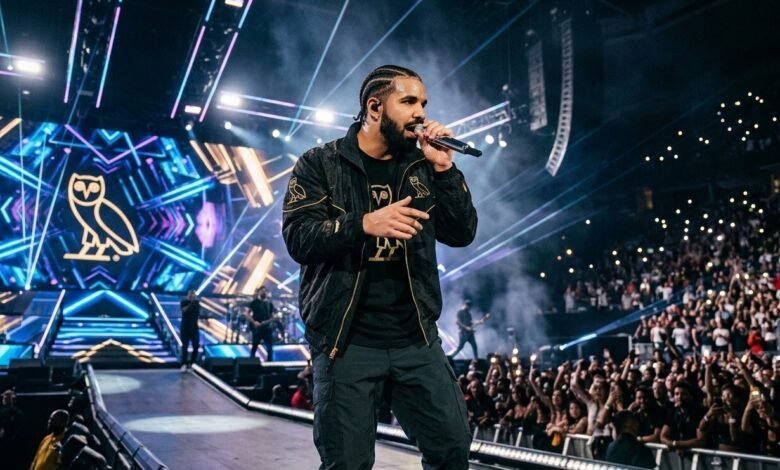 Drake performing live on stage during a concert in 2026.