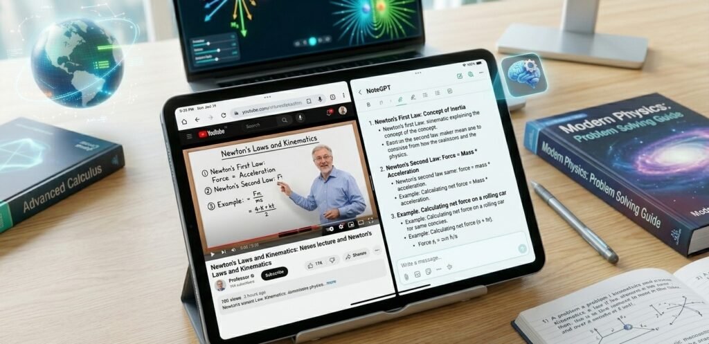 Tablet in split-screen mode showing a YouTube physics lecture on one side and AI-generated bullet point notes on the other.