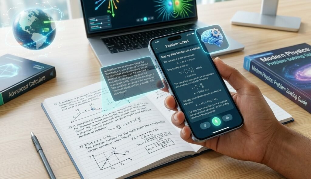 Person scanning a physics math problem from a notebook using a smartphone to get step-by-step AI solutions.