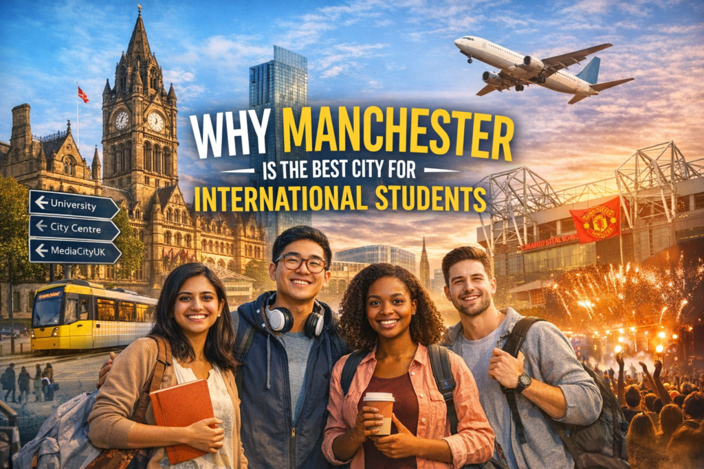 Why Manchester is best for international students – diverse students in Manchester city with universities, football stadium, and vibrant urban lifestyle