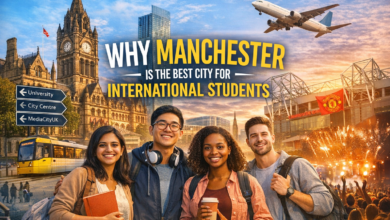 Why Manchester is best for international students – diverse students in Manchester city with universities, football stadium, and vibrant urban lifestyle