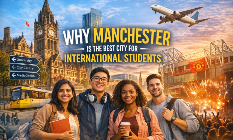 Why Manchester is best for international students – diverse students in Manchester city with universities, football stadium, and vibrant urban lifestyle