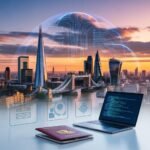 Alt Text: “Diverse professionals working in a modern UK office with London skyline in the background, representing UK visa sponsorship jobs and international career opportunities