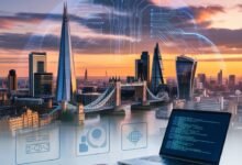 Alt Text: “Diverse professionals working in a modern UK office with London skyline in the background, representing UK visa sponsorship jobs and international career opportunities