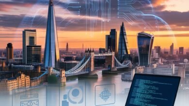 Alt Text: “Diverse professionals working in a modern UK office with London skyline in the background, representing UK visa sponsorship jobs and international career opportunities