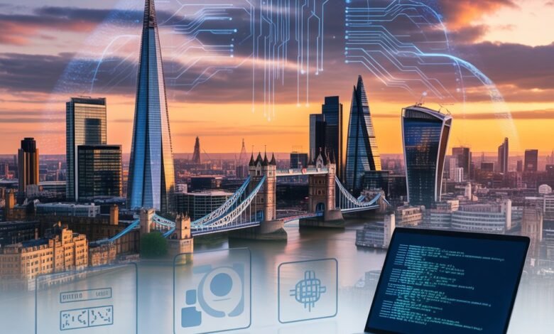 Alt Text: “Diverse professionals working in a modern UK office with London skyline in the background, representing UK visa sponsorship jobs and international career opportunities