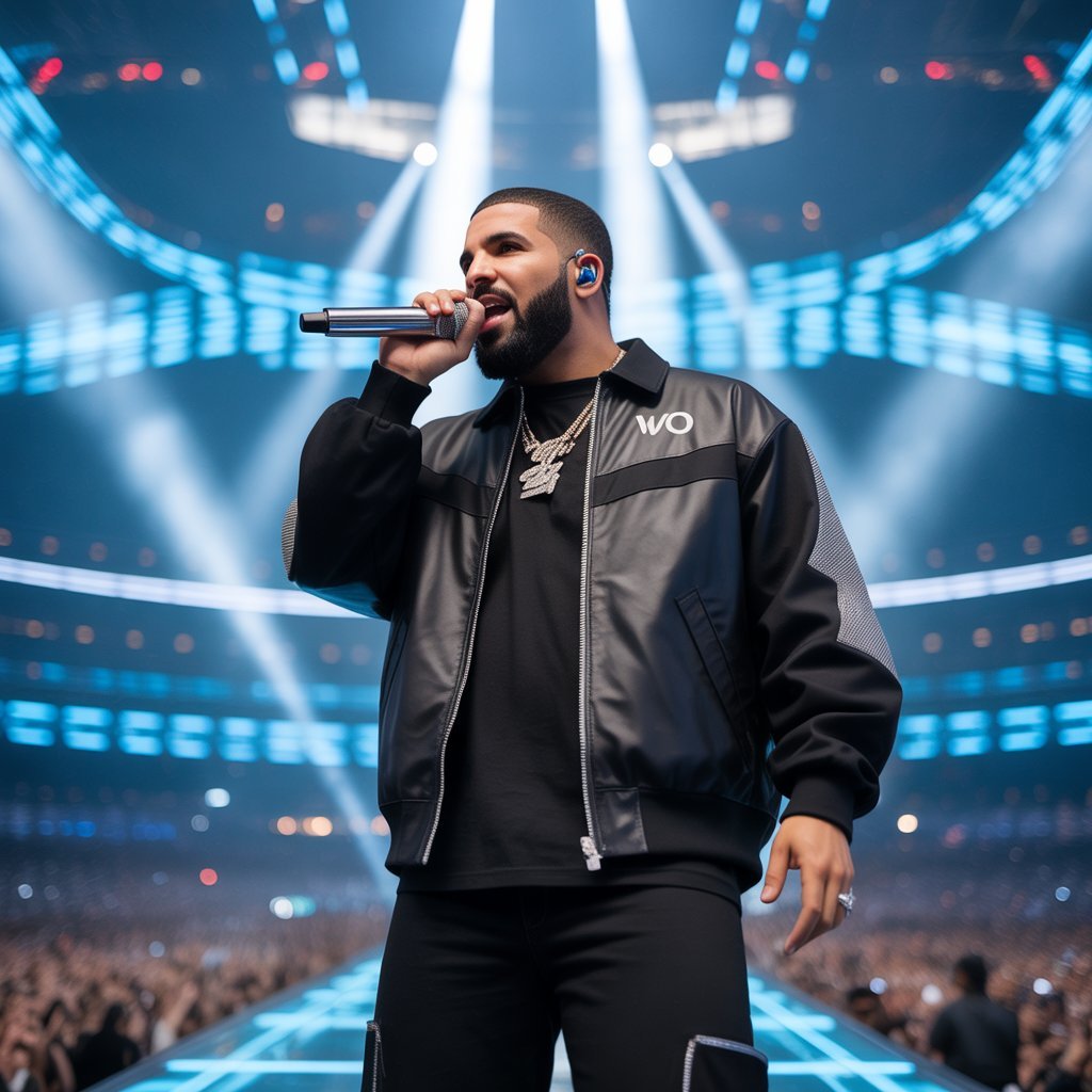 Drake performing live on stage during a concert in 2026.