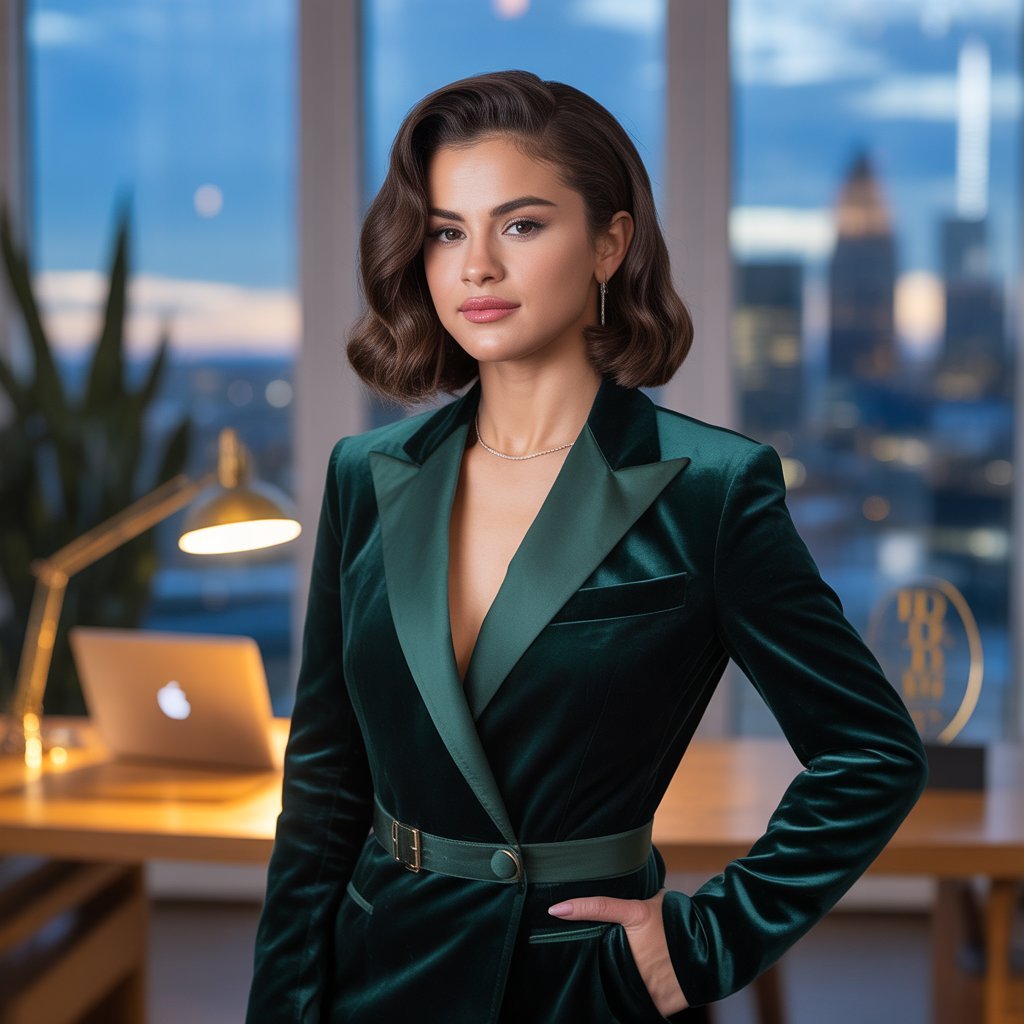 Confident businesswoman looking like Selena Gomez in a modern office overlooking a city