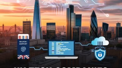 Top UK tech companies offering digital skills sponsorship in 2026 with London skyline and technology theme