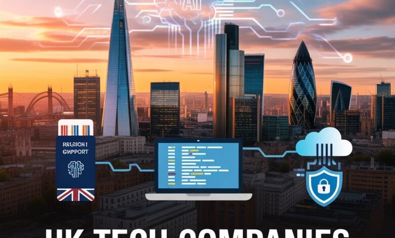 Top UK tech companies offering digital skills sponsorship in 2026 with London skyline and technology theme