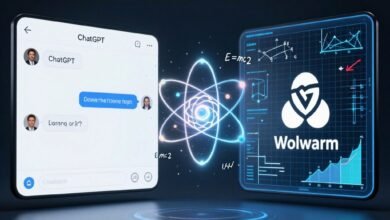 Comparison graphic of ChatGPT and Wolfram Alpha logos with physics symbols.