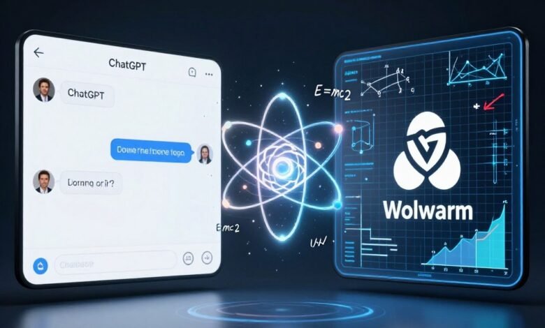 Comparison graphic of ChatGPT and Wolfram Alpha logos with physics symbols.