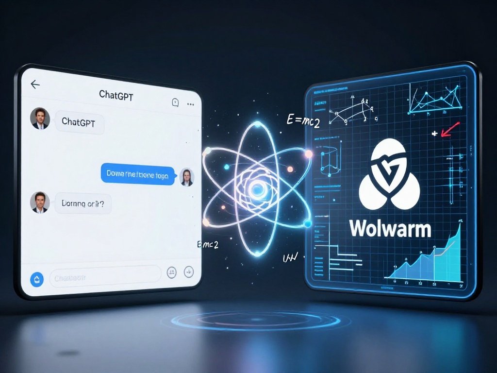 Comparison graphic of ChatGPT and Wolfram Alpha logos with physics symbols.