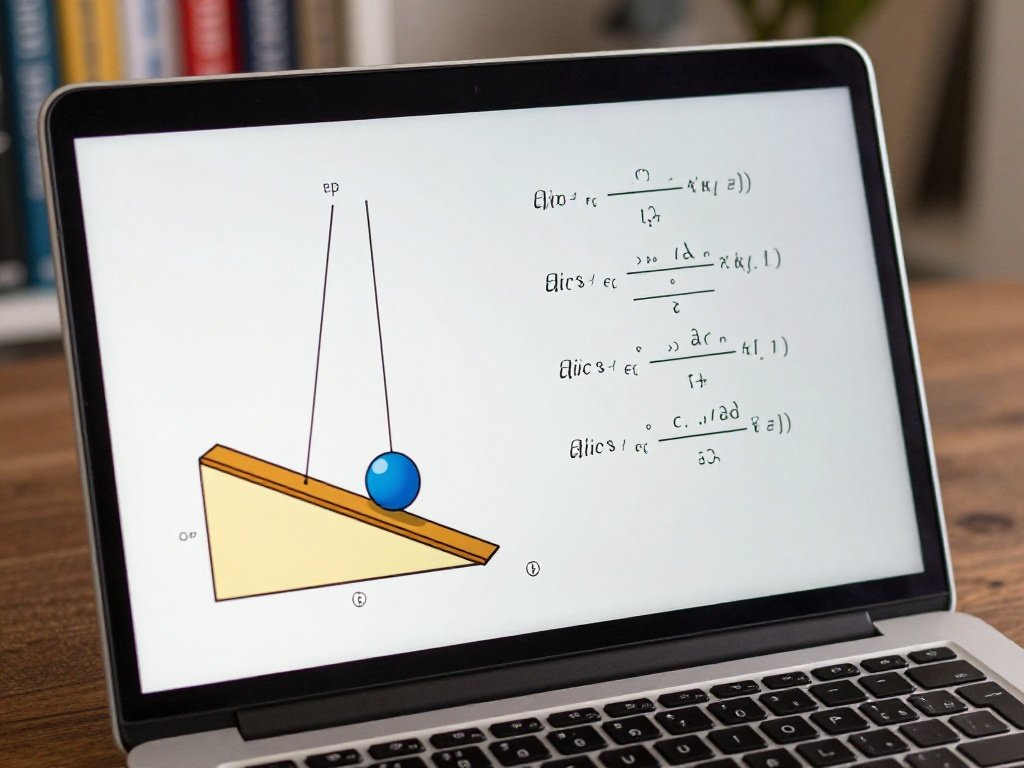 Digital illustration of complex physics mechanics equations being solved on a computer screen.