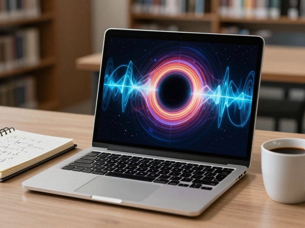 A high-end laptop screen displaying a complex computational physics simulation of a black hole accretion disk.