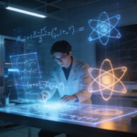 A PhD researcher analyzing quantum physics equations on a futuristic AI-powered holographic interface.