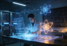 A PhD researcher analyzing quantum physics equations on a futuristic AI-powered holographic interface.