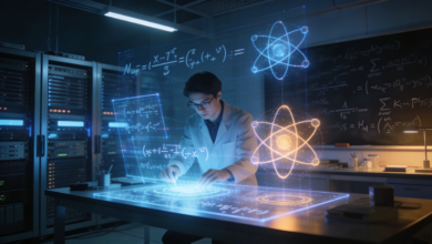 A PhD researcher analyzing quantum physics equations on a futuristic AI-powered holographic interface.