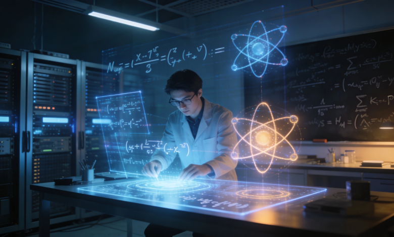 A PhD researcher analyzing quantum physics equations on a futuristic AI-powered holographic interface.