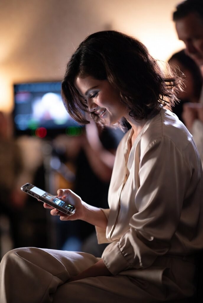 Candid photo of a woman like Selena Gomez checking her smartphone with a smile.